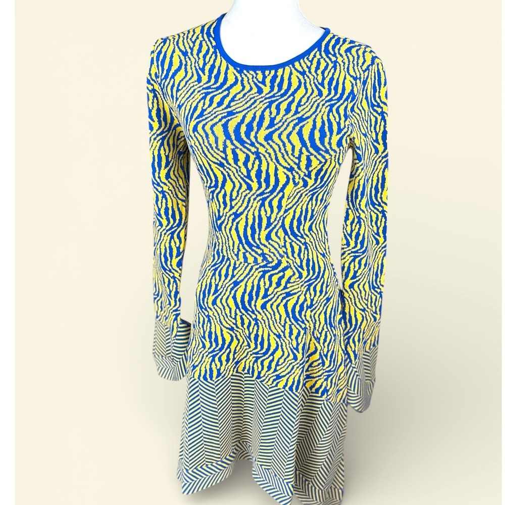 Esteban Cortazar‎ SZ SM Yellow Blue Print Knit Dress Long Sleeve Chevron Hem